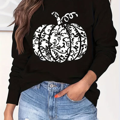 Halloween Pumpkin Pattern Sweatshirt: Spooky and Stylish Crew Neck Long Sleeve for Women