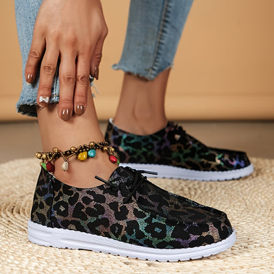 Stylish and Comfortable Leopard & Sunflower Pattern Print Canvas Shoes for Women - Lightweight Lace Up Flats with Slip-On Design