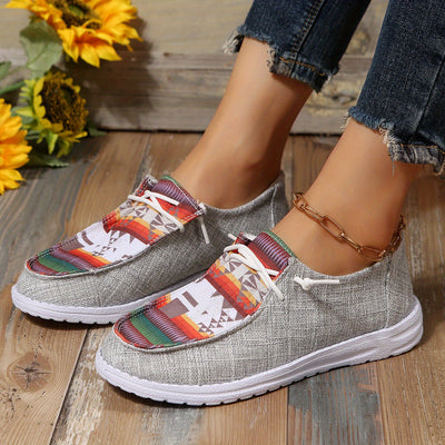 Geometric Design Canvas Shoes for Women - Low Top Lace Up Flat Sneakers for Casual Wear