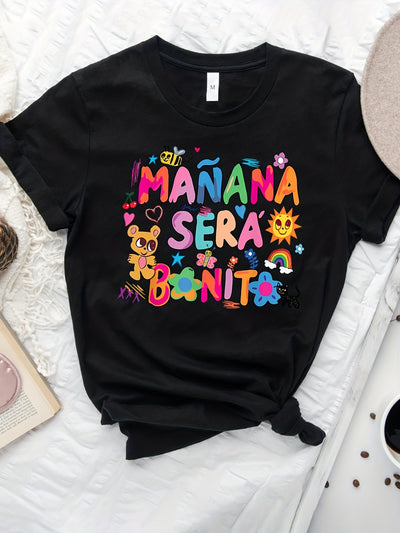 Cartoon & Colorful Letter Print T-Shirt, Short Sleeve Crew Neck Casual Top For Summer & Spring, Women's Clothing