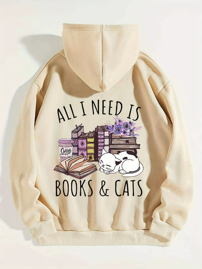 Feline Frenzy: Books & Cats Print Hoodie - Stay Cozy and Stylish this Winter/Fall with this Casual Hooded Sweatshirt for Women