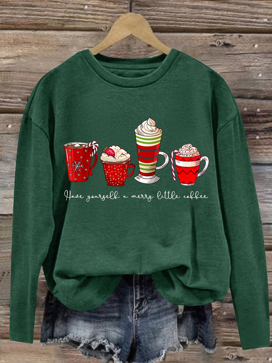 This festive Christmas inspired women's crew neck long sleeve t-shirt is the perfect addition to any vacation. Made with a stylish and comfortable fit, this top features a unique coffee print that will make you stand out in any setting. Stay stylish and comfortable this holiday season with this must-have t-shirt.
