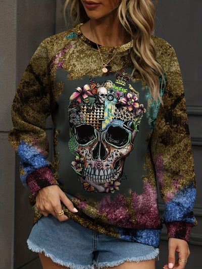 Halloween Shinny Floral & Skull Print Long Sleeve Round Neck Slight Stretch Pullover Top, Plus size halloween casual sweatshirt, Women's Clothing