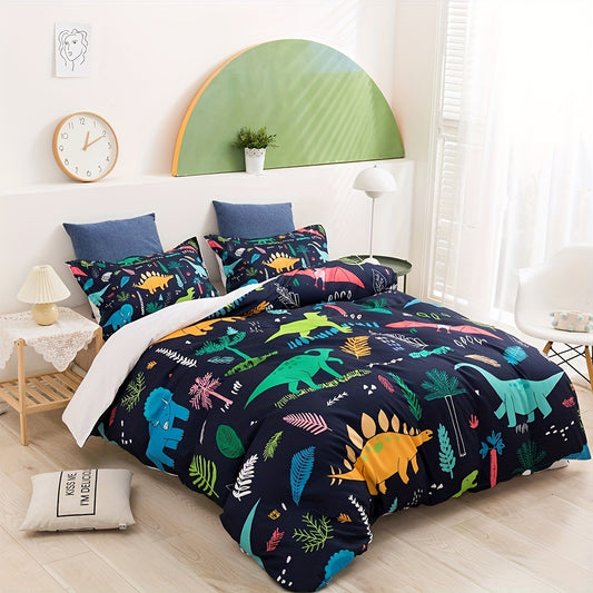 This dinosaur-print bedding set is perfect for kids who want a playful and cozy sleep. Made of 100% polyester microfiber fabric, the set contains 1 duvet cover and 2 pillowcases (no core). Durable and easy to clean, it's the perfect gift for kids.