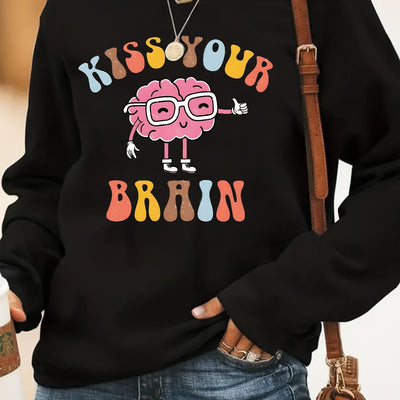 Cute and Comfortable Brain Letter Print Pullover: Women's Long Sleeve Crew Neck Sweatshirt