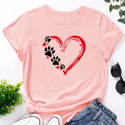 Dog Paw and Red Heart Print T-Shirt, Short Sleeve Crew Neck Casual Top For Spring & Summer, Women's Clothing