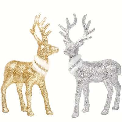 Elevate your holiday decor with our Glittering Golden and Silvery Standing Reindeer Decorations! These stunning tabletop additions will add a touch of winter magic to your space. Made with exquisite detailing and shimmering glitter, these reindeer will bring a sense of elegance and charm to your home. Perfect for any holiday setting.