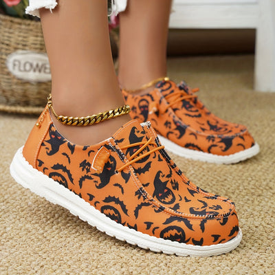Halloween Chic: Women's Pumpkin Bat Print Canvas Shoes – Lightweight Low Top Halloween Shoes for Casual and Outdoor Styling