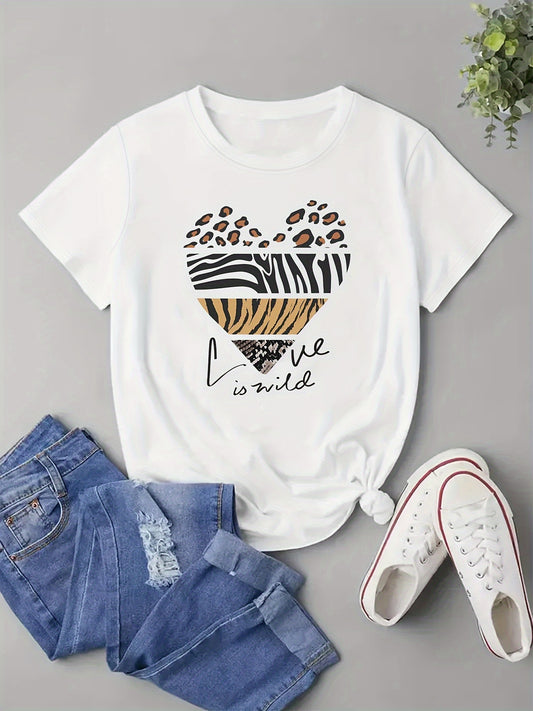 Update your wardrobe with our stylish Leopard Zebra Heart Print T-Shirt. Made for women, this trendy casual top features a bold and unique print that is sure to make a statement. Add a touch of animal print to your look and stand out from the crow