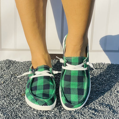 Stylish and Comfortable Women's Green Plaid Pattern Canvas Shoes: Lightweight Casual Shoes with Round Toe and Lace-Up Design