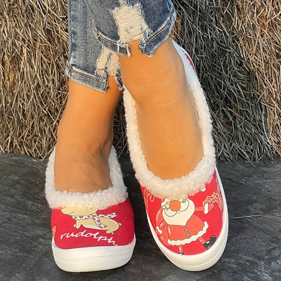Warm Santa Claus Pet Dog Pattern Women's Slip-On Shoes: Stylish Winter Christmas Flats for Casual Outdoor Walks