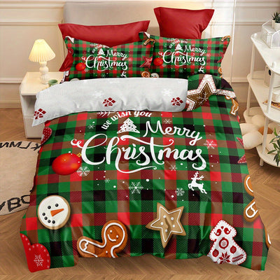 Christmas Wonderland: Festive Duvet Cover Set with Delightful Tree, Gingerbread Man, and Snowflake Print - Includes 1 Duvet Cover and 2 Pillowcases(No Core)