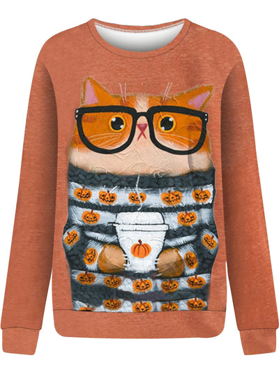 Feline Festivities: Cat Print Pullover Sweatshirt for Women's Fall/Winter Wardrobe