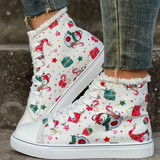 Festive and Stylish: Women's Christmas Print High-Top Canvas Shoes for Casual Comfort