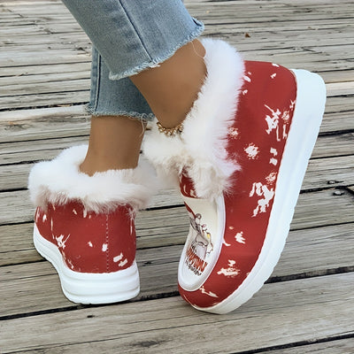 Cozy and Stylish: Christmas Print Plush-Lined Furry Boat Shoes for a Warm and Comfortable Winter