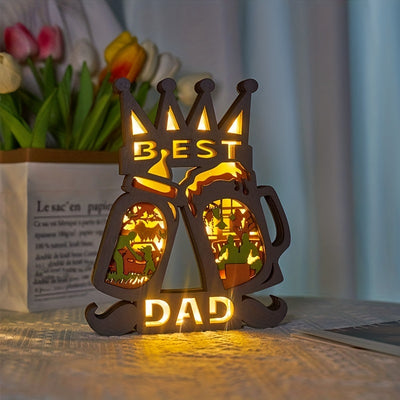 Bottles & Wine Glasses 3D Wooden Art Carving LED Night Light, Perfect Gift For Father's Day, BEST DAD Wood Carved Home Decor Desktop