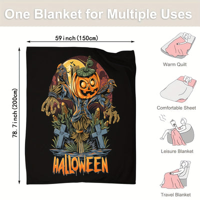 Halloween Pumpkin Theme Flannel Blanket: Cozy up with Cartoon Pumpkins, Scarecrows, and Crows - Perfect for Home Decor, Couch, Office, Bed, Camping, and Travel!