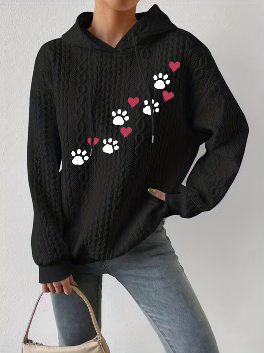 Stay cozy and stylish in this twist-textured hoodie. The Plus Paw Heart Print design is perfect for any casual outfit and offers a comfortable fit, suitable for plus size women. The lightweight fabric and drawstring hood make it an ideal choice for all-day wear, so you can look and feel good.