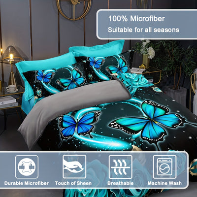 Duvet Cover Set with Butterfly and Rose Print - Soft and Comfortable Bedding Set for Bedroom or Guest Room (1*Duvet Cover + 2*Pillowcases, Without Core)