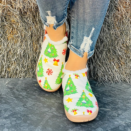 Stay warm and stylish with Festive Feet's Women's Winter Warm Slip-On Christmas Tree Bell Pattern Sneakers. Features include a slip-on design, thickened flannel lining, and a festive bell pattern to get you in a cheerful holiday spirit. The plush lining is designed to give your feet extra warmth and cushioning when walking.