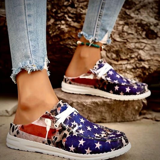 These Patriotic Women's Flag and Leopard Pattern Canvas Slip-On Shoes are perfect for the 4th of July. Made of lightweight and comfortable canvas, these shoes offer a versatile walking experience. With a unique flag and leopard pattern design, these shoes will help you make a statement.