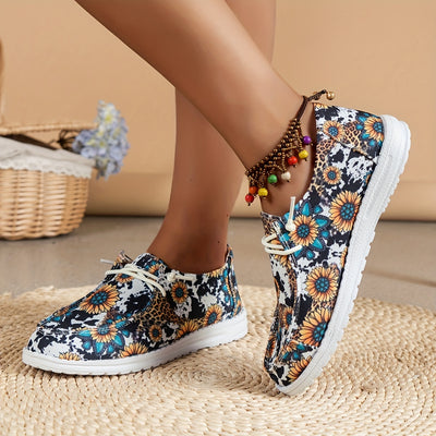 Stylish and Comfortable Leopard & Sunflower Pattern Print Canvas Shoes for Women - Lightweight Lace Up Flats with Slip-On Design