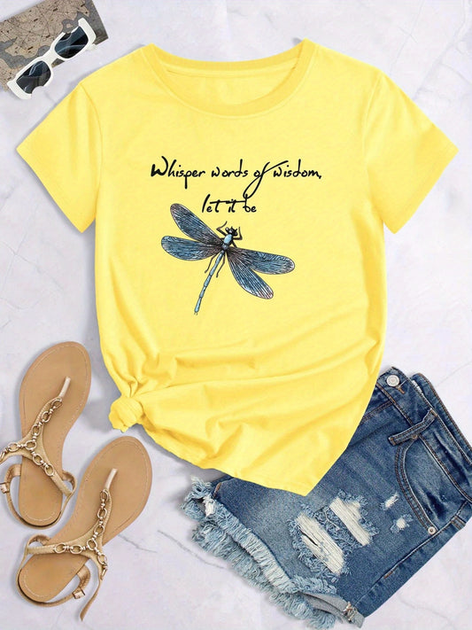 Colorful Dragonfly & Letter T-Shirt, Cute Cartoon Short Sleeve Crew Neck Shirt, Casual Every Day Tops, Women's Clothing