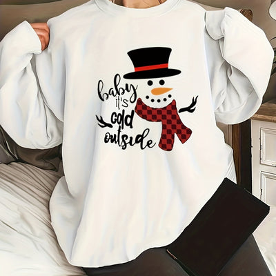 Snowman Delight: Women's Plus Size Christmas Casual Sweatshirt with Black Hat Snowman Print