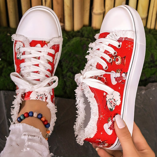 Cozy and Festive: Women's Santa Claus Print Lace-Up Canvas Shoes for a Comfy Christmas