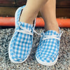 Stylish and Comfortable Women's Blue and White Plaid Pattern Canvas Shoes: Casual Lace-Up Sneakers for Lightweight Outdoor Activities