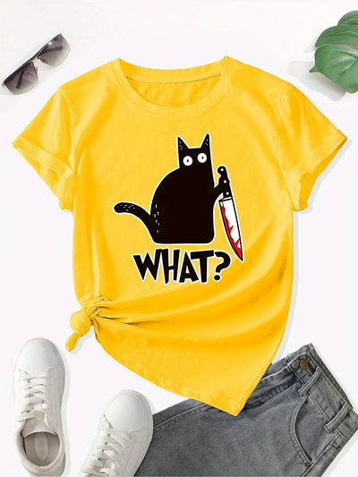 Cat Design Print Crew Neck T-Shirt: A Casual and Stylish Addition for Spring/Summer Women's Fashion