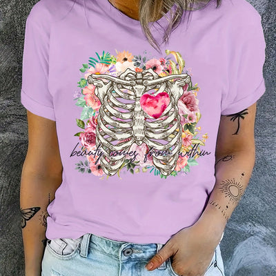 Skeleton Flower and Heart Graphic Tee: Embrace Summer Style with Casual Sports T-Shirts for Women