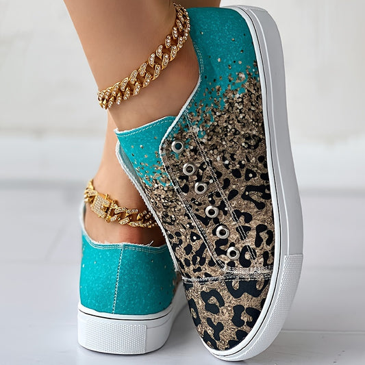 Colorful Leopard Print Women's Canvas Shoes, Fashion Low Top Ombre Flat Sneakers, Casual Walking Shoes