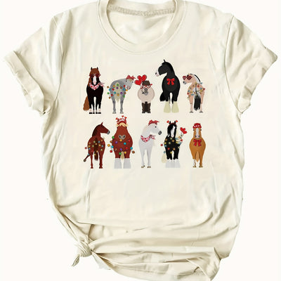 Casual Summer Top: Cartoon Horse Print Crew Neck T-Shirt for Women