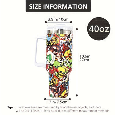 40oz  Flower & Skull Pattern Tumbler With Handle And Straw Lid, Suitable For Outdoor Travel&Camping, Christmas Gift