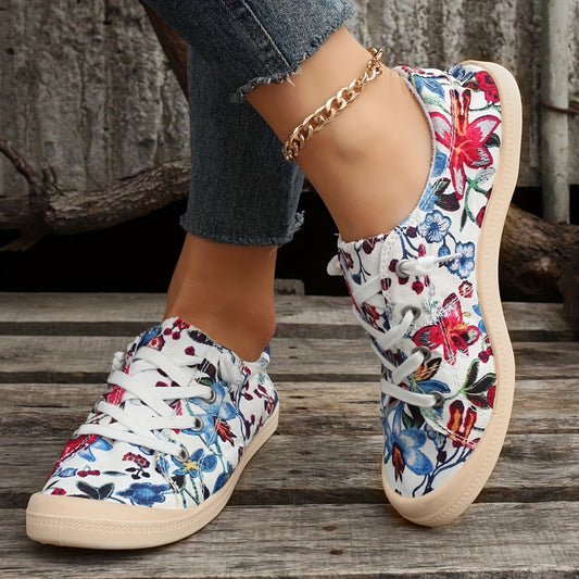 Trendy Flower & Butterfly Pattern Canvas Sneakers - Comfortable Lace Up Flats for Outdoor Activities