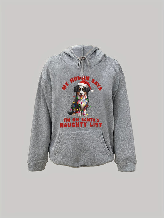 Cozy Christmas: Women's Plus-Size Slogan Dog Print Sweatshirt with Pockets