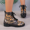 Casual Chic: Women's Halloween Print Ankle Boots with Lace-Up Combat Style and Anti-Slip Lug Sole