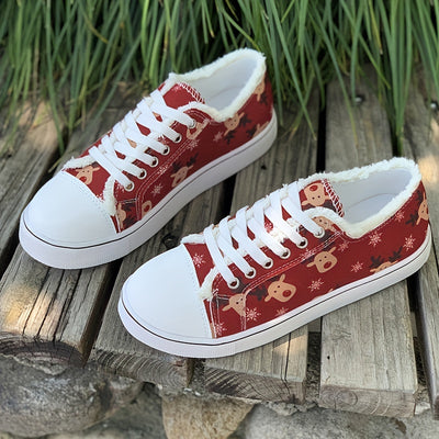 Stylish Women's Christmas Reindeer Pattern Sneakers: Trendy Raw Trim Canvas Shoes for Casual Comfort and Festive Flair