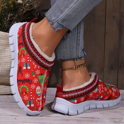 These Cute Santa Claus Print Plush-Lined Slippers will keep your feet cozy and comfy this winter. The plush lining and textured sole provide soft cushioning and slip-resistant traction, making them perfect for festive holiday celebrations.