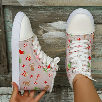 Festive Comfort: Women's Christmas Print Canvas Shoes – Casual, Plush-Lined High Tops for Outdoor Enjoyment