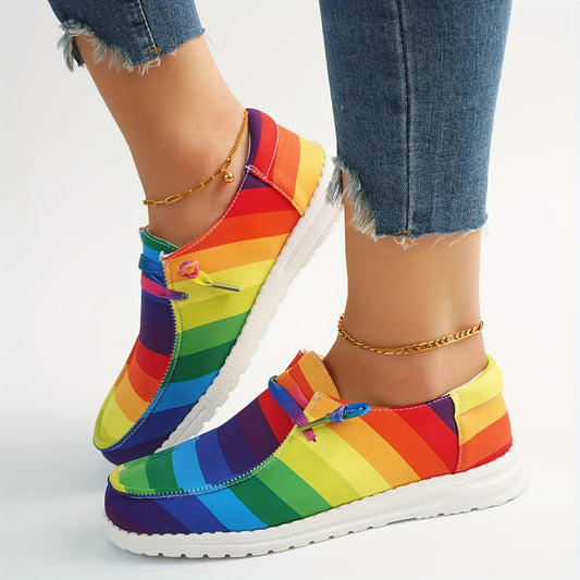 These rainbow striped canvas shoes for women have a lightweight design that provides both comfort and versatility, making them the perfect walking shoes. Made of breathable canvas, they are ideal for a variety of activities, whether it's a daily walk or a hike across challenging terrain.