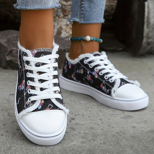 Enjoy a spooky and stylish look with these Halloween-Inspired Women's Skeleton Dance Pattern Sneakers. With a lace-up low-top design for added comfort, the round toe also ensures non-slip wear, perfect for daily outdoor activities.