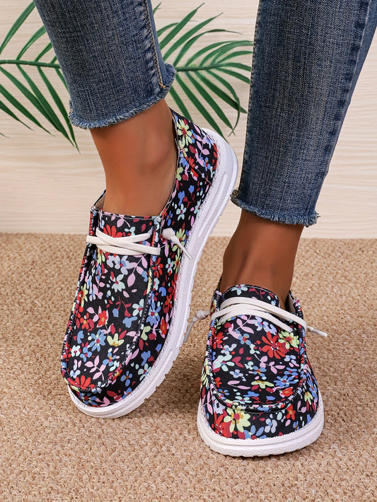 These fashionable women's slip-on sneakers feature a comfortable round toe design and flower pattern canvas construction. The low top loafers add a stylish touch, while the lightweight construction ensures a comfortable fit all day long.