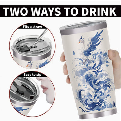 20oz Blue and White Phoenix Insulated Cup: Ice Barricade Cup, Double Layer Stainless Steel Car Cup, Straw Cup, Coffee Cup