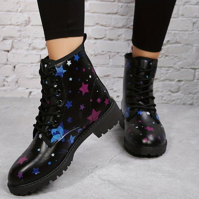 Stylish Starry Nights: Women's Lace-Up Ankle Boots - Comfortable, Trendy, and Non-Slip!