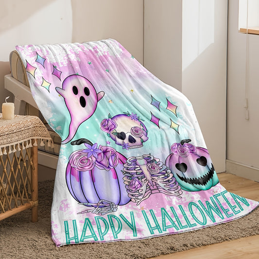 Cozy and Cute: Halloween Flannel Blanket with Cartoon Skull, Pumpkin, and Ghost Prints - Perfect for Home Decor and Gifting