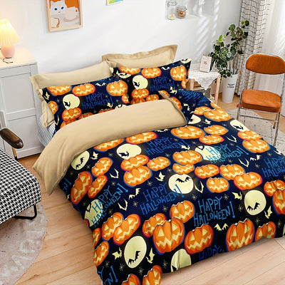 Spooktacular Dreams: Halloween-Themed Duvet Cover Set - Moon, Pumpkin, and Bat Design for Festive Bedroom Decor(1*Duvet Cover + 2*Pillowcases, Without Core)