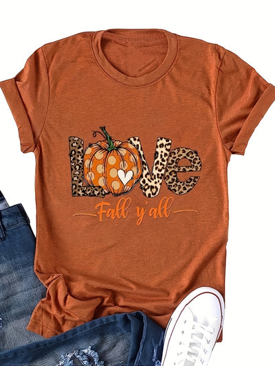 Pumpkin & Leopard Print Crew Neck T-Shirt, Casual Short Sleeve Top For Spring & Summer, Women's Clothing