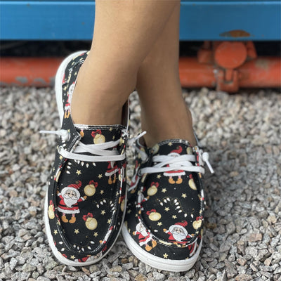 Festive and Fun: Women's Cartoon Santa Claus Print Shoes - Comfortable Lace-Up Low Top Walking Shoes - Fashionable Christmas Shoes